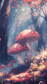 Digital painting of luminous forest toadstools in ethereal light.