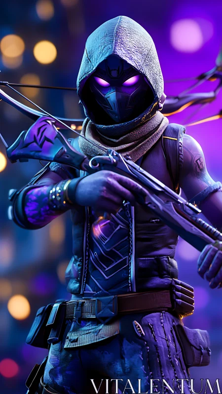 Hooded spectral archer with neon crossbow in bokeh cityscape.