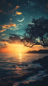 Crescent moon above sunset sea with silhouetted coastal tree.