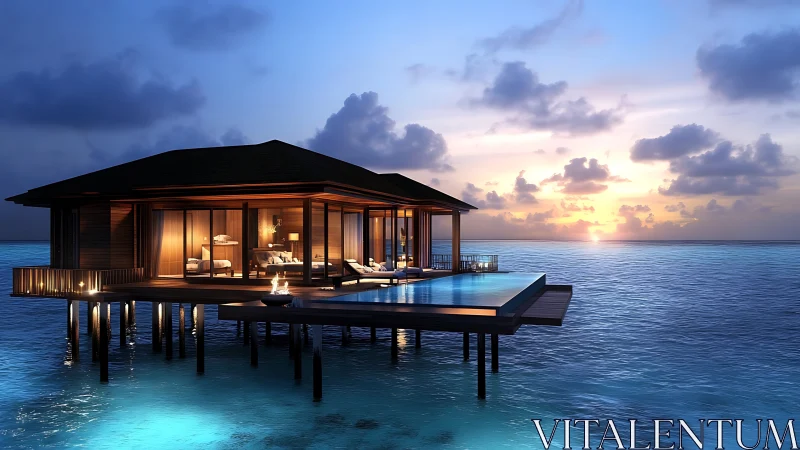 Overwater villa structure extends into sea at sunset view