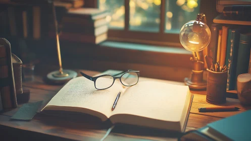 Warm study desk with open manuscript, glasses and lamp glow