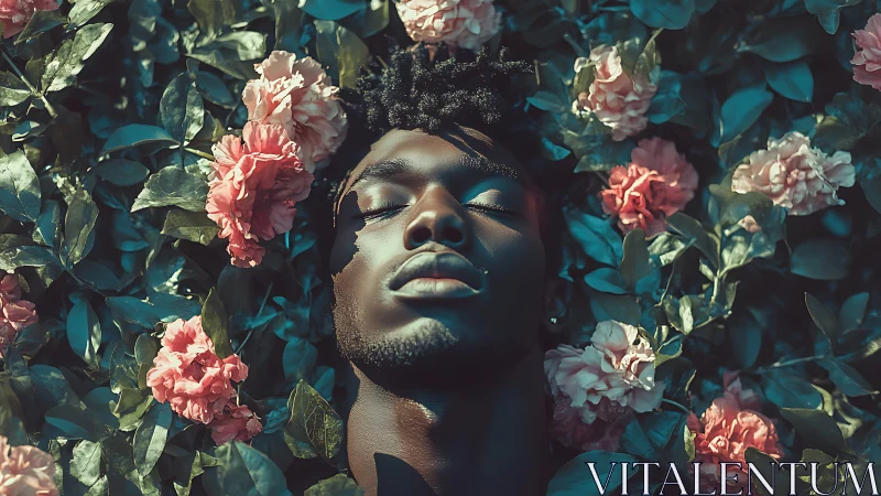 Portrait of serene man lying in lush floral garden dreamscape.