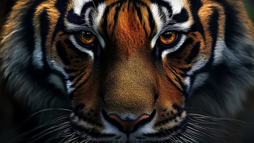Photorealistic tiger portrait in tight frontal symmetry study.