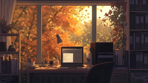 Autumn-lit coding workstation with immersive viewport window.