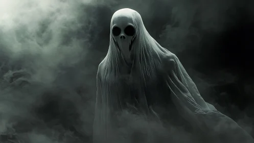 Ghostly shrouded specter emerges from swirling dark mist.