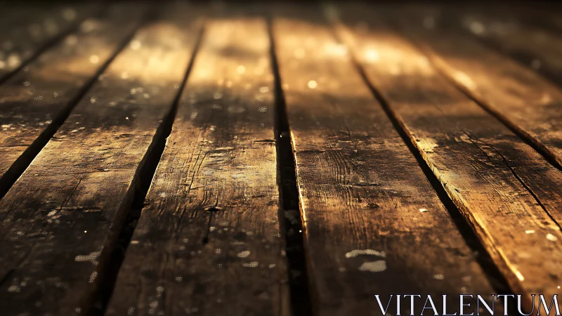 Weathered wooden planks under warm cinematic sunlight.