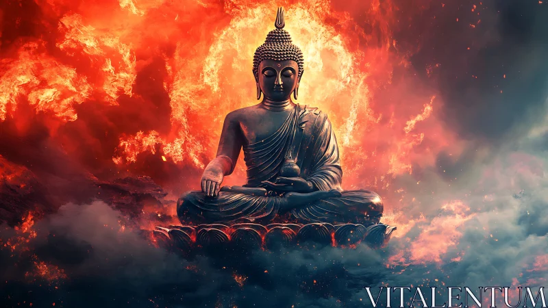 Bronze Buddha statue amid red fire and surrounding smoke.
