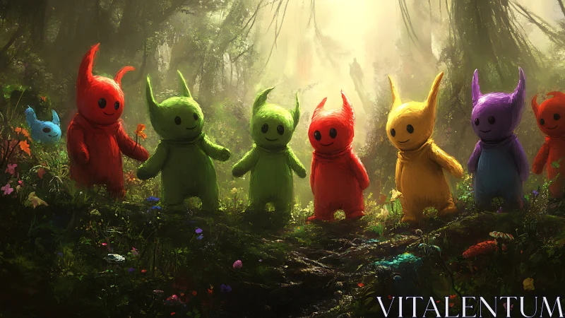 Multicolored horned figures standing in dense forest clearing.