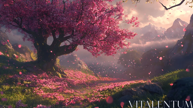 Blossom-laden dreamtree guarding a misty mountain pass.