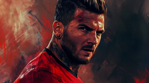 Intense tattooed footballer portrait in dramatic red lighting