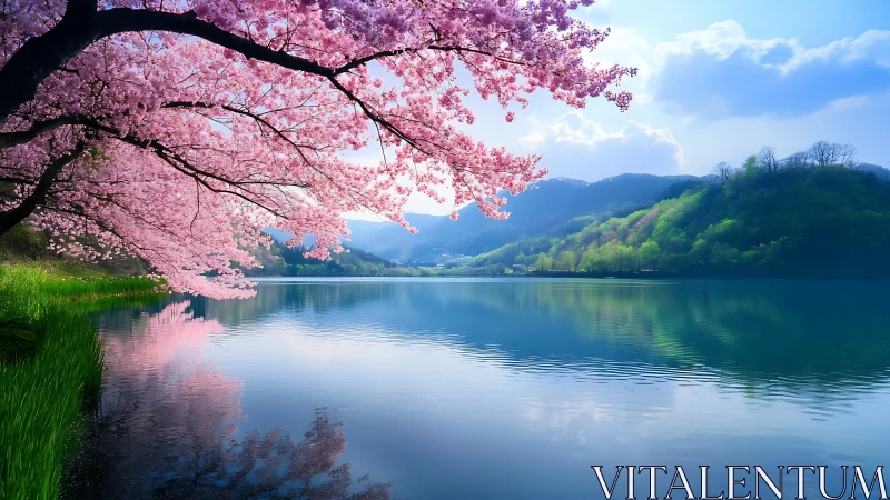 Cherry blossom tree over calm lake reflects spring hills clearly