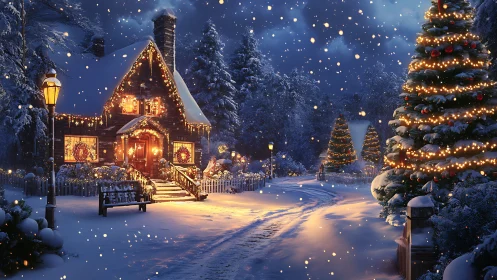 Snowy Christmas cottage glows with warm festive lights.