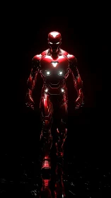 Chrome-clad hero strides from the dark with burning cores