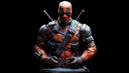 3D bust of armored red-masked antihero on dark ground plane.