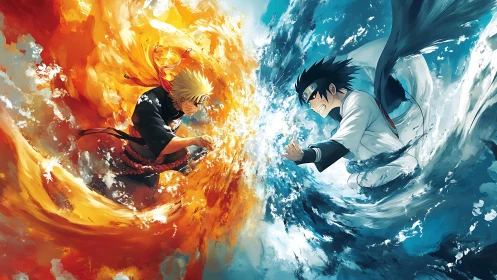 Anime elemental duel with dynamic bilateral composition.