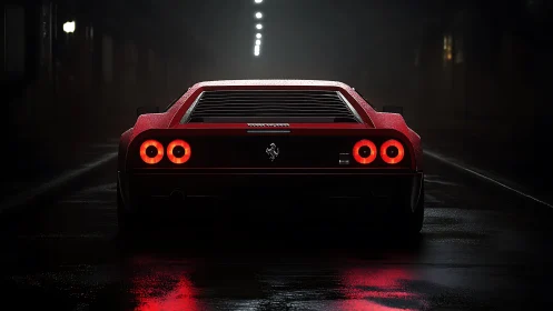 Red sports car glowing softly on a rain soaked night street.