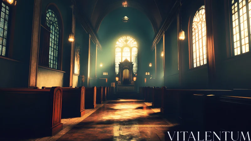 3D lit cathedral nave with vaulted arches and glowing apse window.