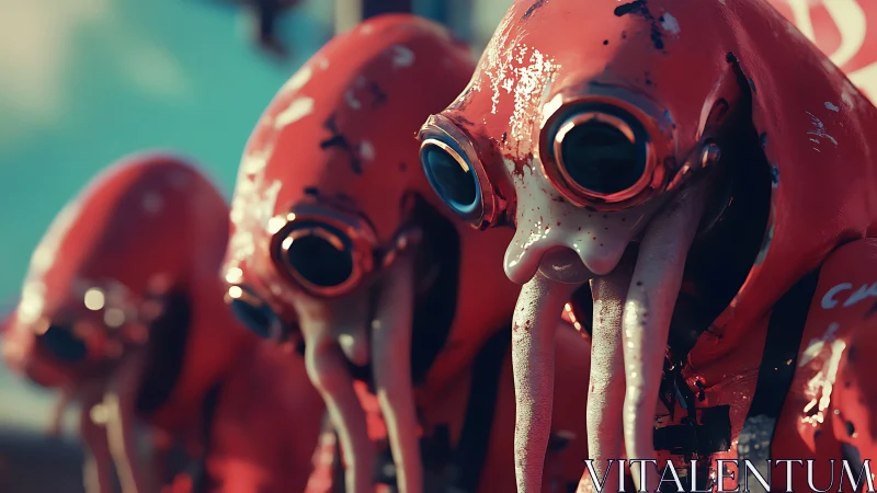 Red cephalopod android squad advances under teal sky.
