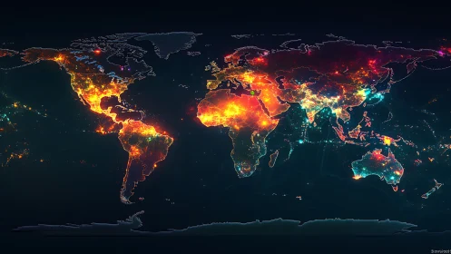 Luminous world map glowing with dense urban heat patterns.