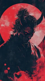 Horned ronin under blood moon broods in burning shadow.
