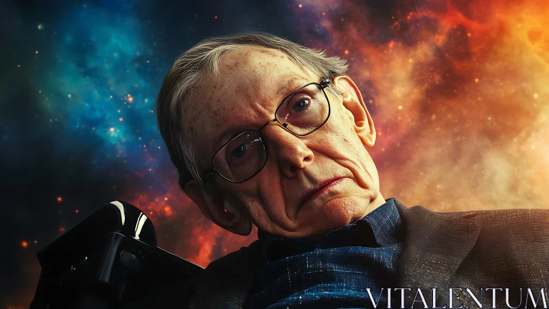 Elderly thinker gazes through cosmic clouds of color and fire.