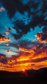 Sunset sun touches dark horizon under vivid cloud layers