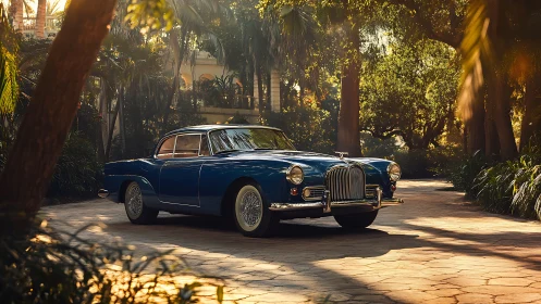 Sunlit blue classic coupe glides through lush villa garden.