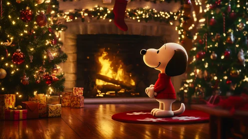 Cozy cartoon dog admiring glowing Christmas fireplace scene.