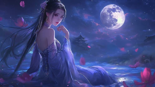 Lunar-lit wuxia maiden beside reflective river with lotus petals