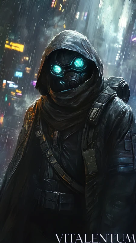 Cyberpunk cloaked operative with respirator in neon rain