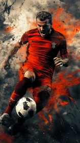 Soccer player in red kit striking ball amid paint splashes.