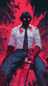 Digital painting of masked chainsaw killer in blood-splash tableau.