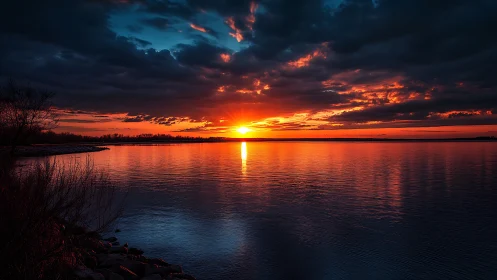Spectral gradient sunset over lacustrine horizon with cloud dynamics.