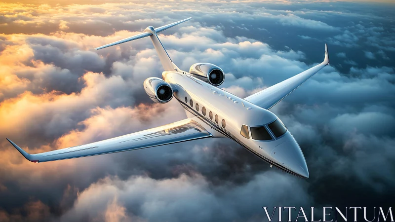 Business jet cruises above stratiform cloud layer at sunset