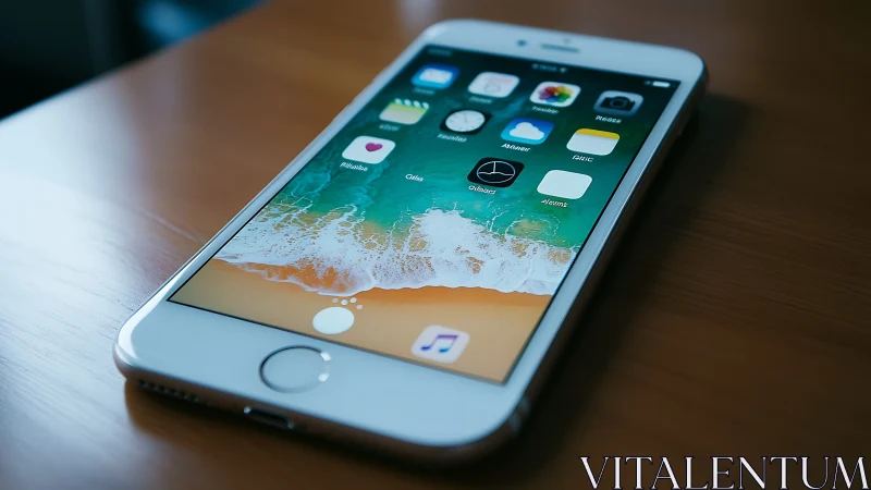 White iPhone on Wood Table with App Interface.