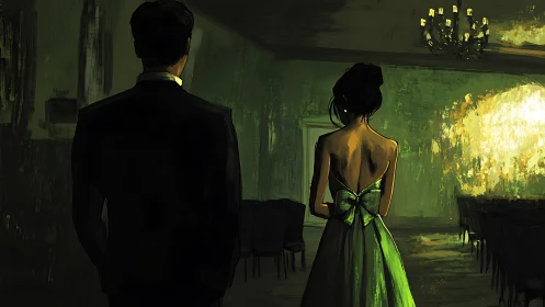 Elegant couple in dim ballroom rendered as moody digital painting