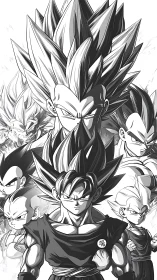 Monochrome Super Saiyan warriors in intense battle focus.