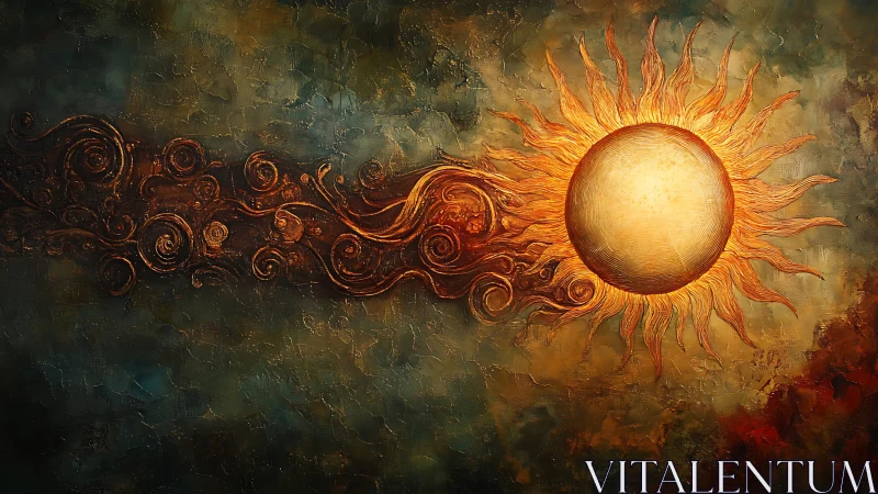 Radiant golden sun with swirling textured abstract rays.