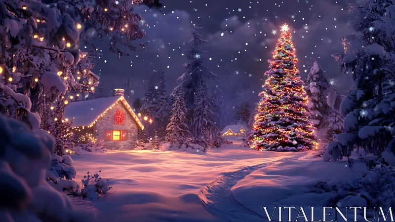 Snow-covered forest cabin and illuminated outdoor tree at night.