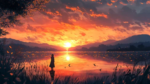 Sunset lake quietness with a dreaming lone silhouette.