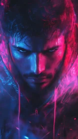 Hooded male portrait under split neon blue and pink lighting.