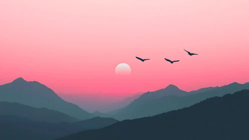 Digital painting of layered mountains at pastel sunset horizon.