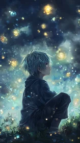 Sky-dreaming boy adrift in a swirling galaxy of fireflies.
