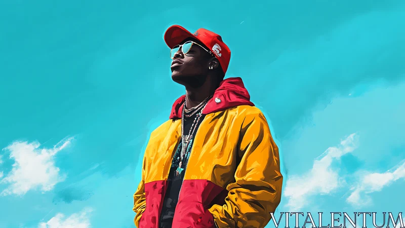 Digital painting portrait with bold color blocking and sky backdrop.