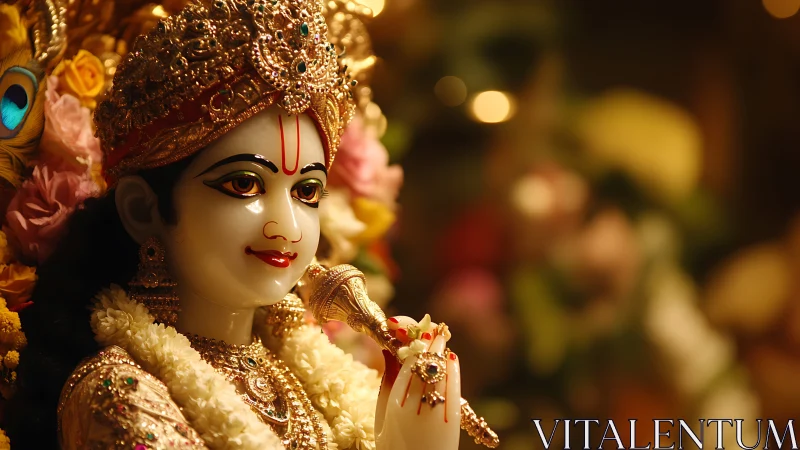 Hindu deity statue with ornate crown and golden garlands.