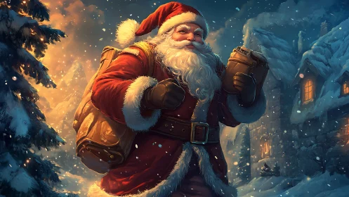 Santa Claus walking through snowy village at night