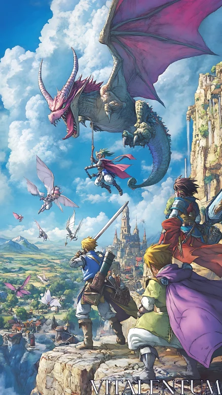 Fantasy heroes confront airborne dragon over cliffside kingdom.