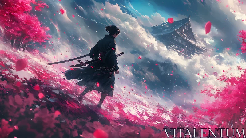 Lone swordsman walks into storm of petals and drifting temple