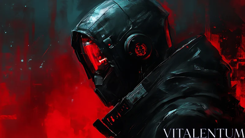 Cybernetic soldier profile glows against red electric haze