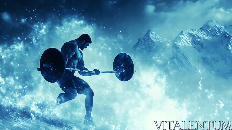 Mythic weightlifter strides through icy cosmic storm.